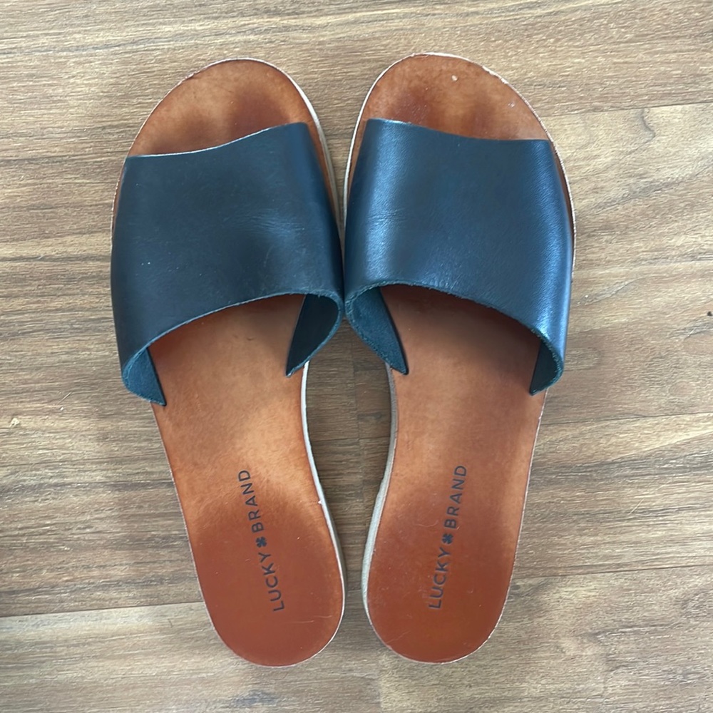 Black Lucky Brand Leather Slide Sandals